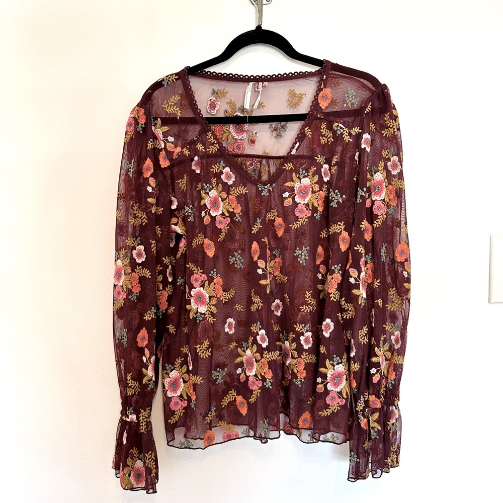 Anthropology feather bone embroidered blouse